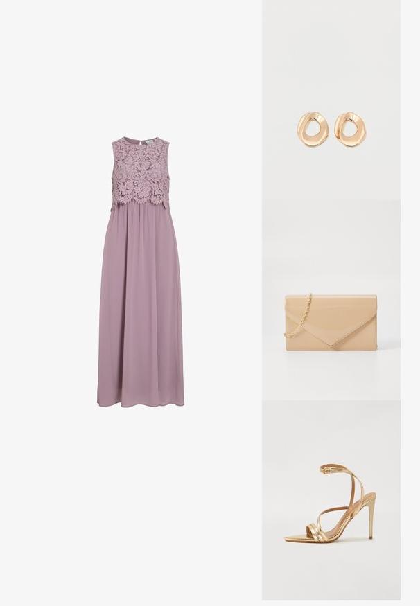 Robe maxi en lavande douce, dotée d'un corsage en dentelle et d'un design sans manches. Tissu fluide avec un léger éclat et détail de taille froncée.; Even&Odd Sandales - gold; Pochette en cuir verni beige avec une bandoulière en chaîne dorée, dotée d'un design en forme d'enveloppe et d'une fermeture à rabat pointu. Texture lisse sur toute sa surface.; Paired boucles d'oreilles en métal doré poli de forme irrégulière avec un centre ouvert sur un fond blanc uni.