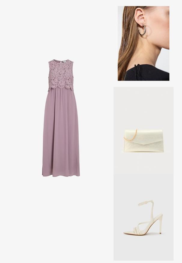 Maxi-kjole i dæmpet lavendel, med en blonde-bodice og uden ærmer. Flydende stof med en subtil glans og samlet taljedetalje.; Beige sandaler med høje hæle og spids tå, med tre stropper foran og en tynd ankelrem med spænde. Glat tekstur, minimalistisk design.; Rektangulær kuvertclutch i cremefarve med en guldkæde, der er lagt over øverste venstre hjørne på en ensfarvet baggrund.; Sølv hoop ørestik med en poleret overflade, prydet med små guld accenter og en rund form, båret på øreflippen.
