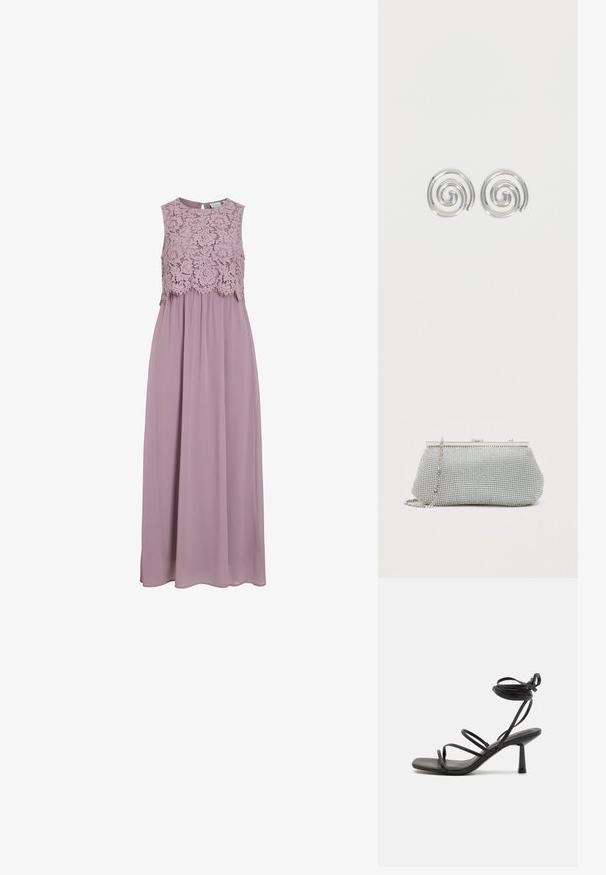 Maxi-kjole i dæmpet lavendel, med en blonde-bodice og uden ærmer. Flydende stof med en subtil glans og samlet taljedetalje.; Sort strappy sandal med firkantet tå, justerbare ankelbind og en slank, blokhæl. Fremstillet af et glat, holdbart materiale.; Sølv mesh clutch taske med en afrundet form, metalramme og aftagelig kæde. Har funklende detaljer med en glat overflade.; Par sølvspiral øreringe med glat, afrundet design på en ensartet hvid baggrund.