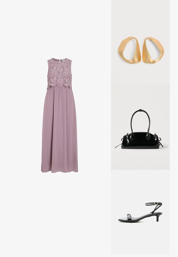 Vestido maxi en lavanda suave, con un cuerpo de encaje y diseño sin mangas. Tela fluida con un leve brillo y detalle de cintura fruncida.; Sandalia de cuero negro con punta abierta, tacón bajo tipo ‘‘kitten’’, tirante fino en el tobillo con hebilla dorada y detalle decorativo dorado en la tira delantera.; Pequeño bolso negro brillante con dos asas largas y detalles de cordón lateral sobre un fondo claro liso.; Par de pendientes de aro dorados irregulares y asimétricos con acabado suave y mate sobre fondo neutro.