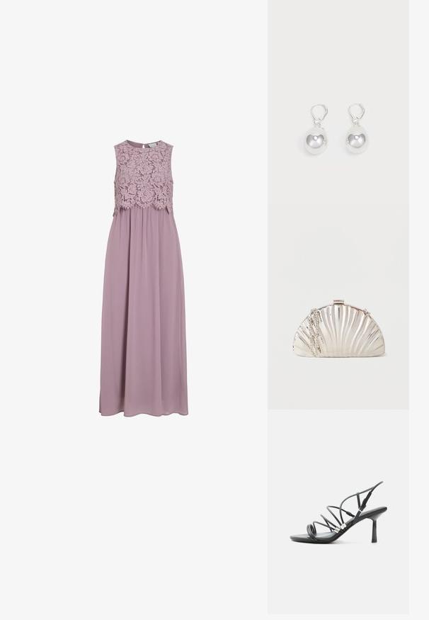 Maxi-kjole i dæmpet lavendel, med en blonde-bodice og uden ærmer. Flydende stof med en subtil glans og samlet taljedetalje.; Sort højhælet sandal med tynde buede remme, sølv accenter og en justerbar ankelspænde på en hvid baggrund.; Metallisk sølv clutch-taske formet som en muslingeskal med en sølvkæde hængende på siden.; Sølv dråbeøreringe med glatte, runde, reflekterende overflader hængende fra svingelukkede låse. Baggrunden er helt hvid.