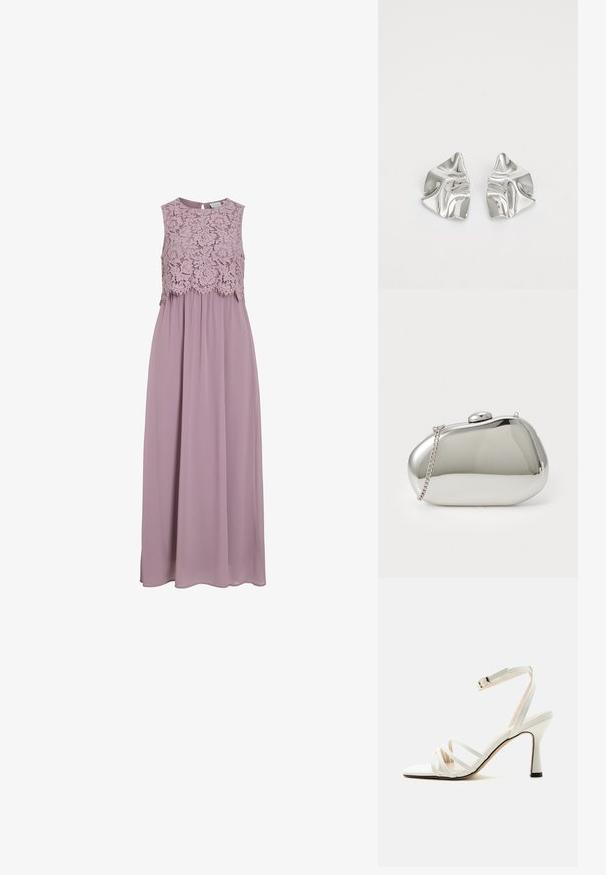 Maxi-jurk in gedempt lavendel, met een kanten lijfje en mouwloos ontwerp. Vloeiende stof met een subtiele glans en een geplooid taille-detail.; Witte sandaal met hoge hak, drie voorste bandjes en een verstelbare enkelriem met een gouden gesp.; Zilveren metalen clutch met een afgeronde, gladde vorm. Voorzien van een sluiting met een haak en een afneembare kettingriem. Reflecterend oppervlak zonder patronen.; Zilveren metalen oorbellen met een golvend, sculpturaal ontwerp, voorzien van een gepolijste afwerking en onregelmatige vormen, die een hedendaagse esthetiek benadrukken.