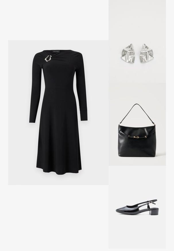 Robe midi noire à manches longues avec encolure ronde et détail asymétrique d'une broche argentée sur l'épaule gauche.; Chaussure slingback en cuir verni noir avec un bout pointu, des côtés découpés et un petit talon block. Équipée d'une bride de cheville avec une boucle.; Sac à épaule en cuir noir avec une bandoulière unique et un petit détail de boucle dorée à l'avant, sur un fond clair uni.; Boucles d'oreilles en métal argenté avec un design ondulé et sculptural, présentant une finition polie et des formes irrégulières, mettant en valeur une esthétique contemporaine.