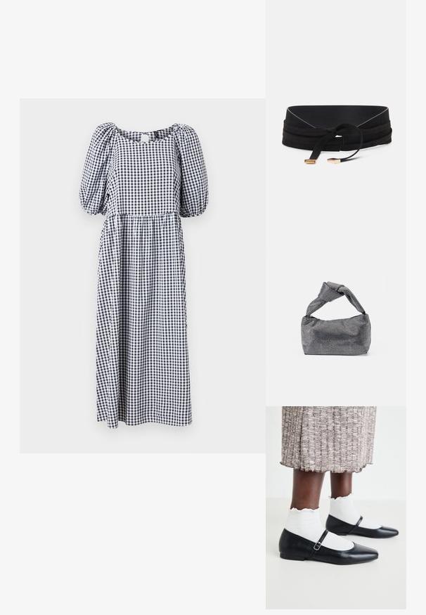 Vestido de cuadros en blanco y negro, de longitud hasta la rodilla, con mangas abullonadas y escote cuadrado. Hecho de una tela ligera con cintura fruncida.; Bailarinas negras con punta afilada y tacón plano, con una correa ajustable que cruza el pie. Llevadas con calcetas blancas con textura.; Bolso de mano negro y plateado con una superficie texturizada que presenta un patrón de diamante, un asa anudada y una forma estructurada.; Cinturón de ante negro de diseño ancho, con un nudo atado y extremos acentuados en dorado. Textura suave con un ligero brillo.