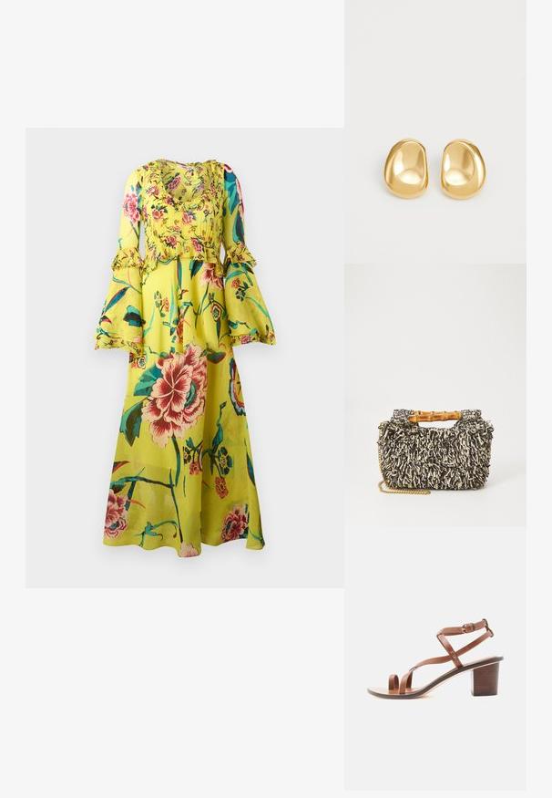 Robe maxi florale de couleur jaune vif, avec des manches longues à volants, un col rond et une silhouette fluide ornée de divers motifs floraux colorés.; Sandale à talon en cuir marron avec boucle pour l'orteil, bride réglable à la cheville et talon bloc, vue de côté sur fond blanc.; Sac tissé avec un motif texturé noir et crème, une poignée en bambou et une bandoulière en chaîne dorée amovible. Forme rectangulaire compacte.; Boucles d'oreilles en forme de clou de couleur or, avec une forme lisse et arrondie et une surface réfléchissante, mettant en avant un design minimaliste sans motifs visibles.