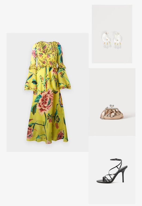 Robe maxi florale de couleur jaune vif, avec des manches longues à volants, un col rond et une silhouette fluide ornée de divers motifs floraux colorés.; Sandale noire à talons hauts avec des brides fines, une boucle à la cheville, une surface en cuir lisse et un talon aiguille élancé.; Petit sac pochette métallique dorée avec fermoir argenté et chaîne sur un fond clair uni.; Boucles d'oreilles en résine transparente en forme de coquillage avec de petits accents dorés et trois breloques translucides en forme de goutte pendantes sur chaque boucle d'oreille.