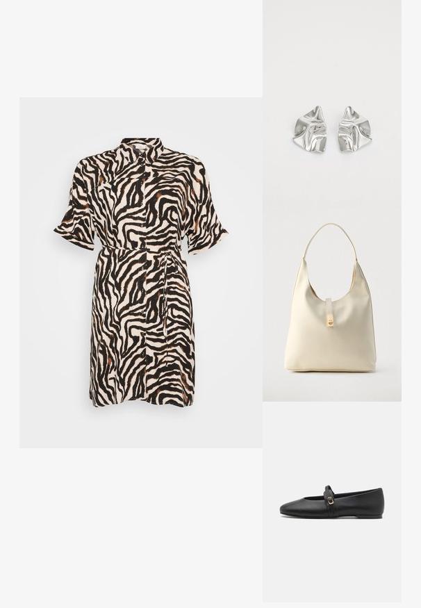 Knapdetalje kjole i sort og beige zebra-mønster, korte ærmer, et bælte i taljen og en klassisk krave; lavet af et let materiale.; Sorte læder flade sko med rund tå-design, der har en tynd rem med en guld spænde dekor på vristen.; Hobo-taske i cremefarvet læder med en enkelt skulderrem, glat tekstur og et guldfarvet spænde foran.; Sølvmetal øreringe med et bølgende, skulpturelt design, der har en poleret overflade og uregelmæssige former, hvilket fremhæver en moderne æstetik.
