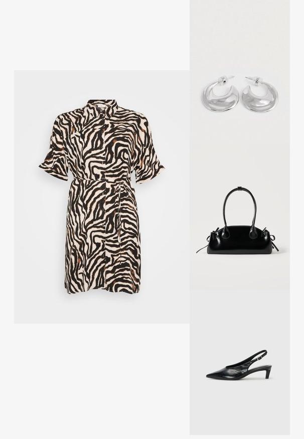 Knapdetalje kjole i sort og beige zebra-mønster, korte ærmer, et bælte i taljen og en klassisk krave; lavet af et let materiale.; Sort læder slingback hæl med spidse tæer, lav kitten hæl og justerbar spænde-bånd. Glat tekstur med minimal dekor.; Lille sort blank håndtaske med to lange håndtag og snøre-detaljer i siden på en ensfarvet lys baggrund.; Et par polerede sølv halvmåneformede hoop øreringe med klare plastikbagsider på en hvid overflade.