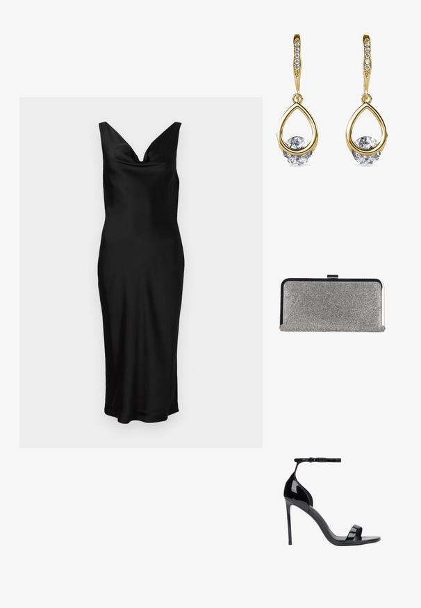 Schwarzes Satin-Kleid mit V-Ausschnitt und ärmellosem Design. Die figurbetonte Passform zeichnet sich durch ein drapiertes Oberteil aus und reicht bis zur Mitte der Waden. Glatter Stoff.; ESTRO Riemensandalette - black; Rechteckige silberne Clutch-Tasche, bedeckt mit kleinen Strasssteinen, mit einem schwarzen und silbernen Metallrahmen und einem Verschluss.; Goldene Tropfenohrringe mit runden, klaren Edelsteinen an der Basis. Texturierter Oberbereich mit kleinen, runden Akzenten entlang des Creolen.