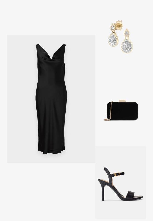 Mustmust kleit V-kaelusega ja ilmanõlvadega. Kitsas siluett, vooderdatud bodice ja ulatub keskmise säärteni. Sile tekstuur.; Mustad kõrged kontsad mustades sandaalides, millel on siledast nahast pealsed, avatud varvas ja üks rihm koos kuldse pandlaga.; Mustvalgest sametist kott kuldtooni detailidega, ristküliku kujuga ja kettstrapiga, omades siledat tekstuuri ega nähtavaid mustreid.; Teardrop-kujulised kõrvarõngad, millel on kuldne raam hõbedaste detailidega, kaunistatud mitmete väikeste ümmarguste sädelevalt kividega dekoratiivses koosseisus.