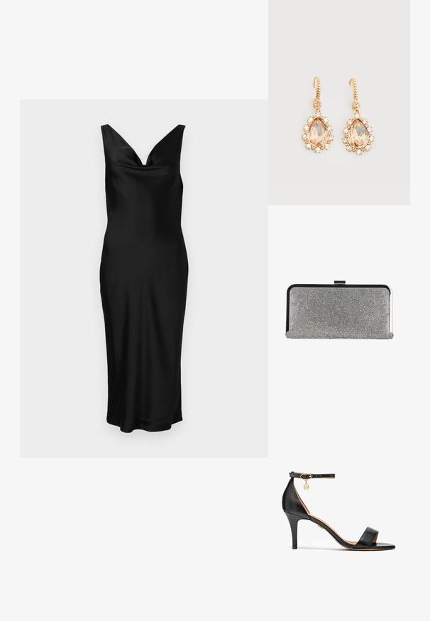 Mustmust kleit V-kaelusega ja ilmanõlvadega. Kitsas siluett, vooderdatud bodice ja ulatub keskmise säärteni. Sile tekstuur.; Must mustaga kandaal mustaga, mis on suletud toe rihmaga, pahkluurihmaga, kuldsete detailidega ja sale saapikannaga.; Ruutujas hõbedane käekotis, mis on kaetud väikeste teemandikujuliste kivikestega, musta ja hõbedase metallraami ning klambri sulgemisega.; Kuldsed konks-kõrvarõngad, millel on suured pirnikujulised virsiku toonis kivid, mida ümbritsevad väikesed läbipaistvad teemandid, lihtsal valgel taustal.
