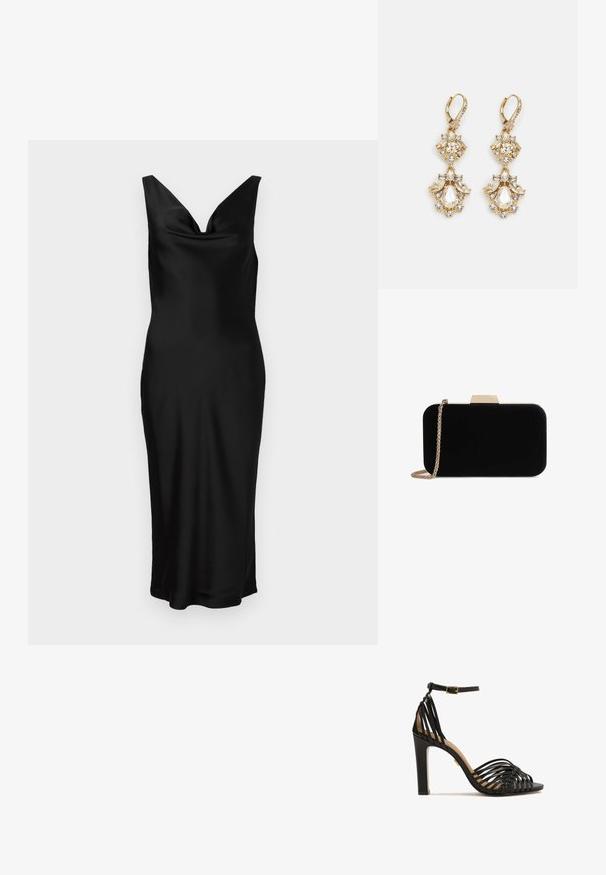 Vestido de satén negro con escote en V y diseño sin mangas. El ajuste ceñido presenta un cuerpo drapeado y cae hasta la mitad de la pantorrilla. Textura suave.; Sandalia de tacón alto negra con diseño de tiras trenzadas, punta abierta, correa para el tobillo con hebilla y una plataforma texturizada. Acabado suave y silueta elegante.; Clutch de terciopelo negro con herrajes en tono dorado, de forma rectangular y con correa de cadena, que presenta una textura suave y sin patrones visibles.; Pendientes colgantes en tono dorado con un diseño de racimo que incluye cristales claros en forma redonda y de lágrima, mostrando un detallado intrincado.