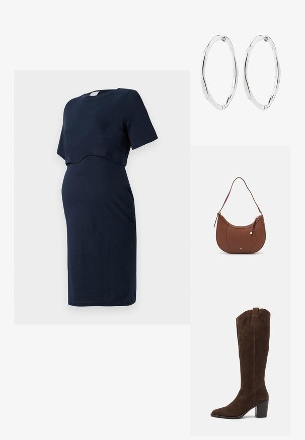 Vestido de maternidad azul marino hecho de algodón suave, con mangas cortas y un diseño con superposición curva que se adapta a una barriga en crecimiento.; Anna Field by Zalando LEATHER - Botas de tacón - brown; Bolso de hombro de imitación cuero marrón con forma curva, costura mínima y un acento de hardware en tono dorado. Presenta un cierre de cremallera en la parte superior y una correa ajustable.; Par de pendientes de aro ovalados retorcidos de plata pulida con cierres de bisagra, mostrados sobre fondo blanco.