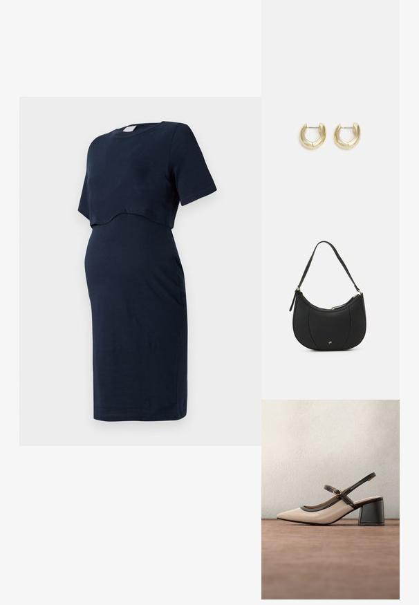 Vestido de maternidad azul marino hecho de algodón suave, con mangas cortas y un diseño con superposición curva que se adapta a una barriga en crecimiento.; Zapato beige de tacón alto con tira trasera, puntera puntiaguda, ribete negro y detalle de hebilla. Material liso con acabado mate y tacón medio tipo bloque.; Bolso de mano de cuero negro con forma curva, superficie texturizada, costuras frontales y un logo en tono dorado. Cuenta con una sola correa ajustable.; Pendientes de aro en tono dorado con un acabado suave y pulido. Presentan una forma de medio círculo y un cierre de poste seguro.