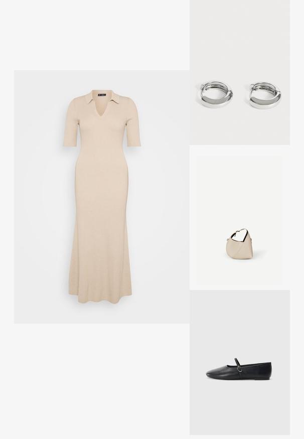 Robe en tricot côtelé beige avec un décolleté en V et des manches courtes. Dotée d'un col et d'une jupe évasée longueur cheville. Texture lisse tout au long.; Ballerines noires en cuir avec un bout pointu, une semelle plate et une petite sangle avec un détail de boucle en argent.; Sac à main en cuir beige en forme de croissant avec une seule bandoulière et des coutures minimalistes, posé sur un fond blanc uni.; Paire de petites boucles d’oreilles créoles argentées brillantes avec surfaces lisses et arrondies sur fond blanc uni.
