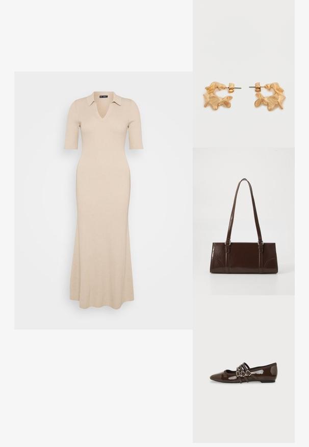 Robe en tricot côtelé beige avec un décolleté en V et des manches courtes. Dotée d'un col et d'une jupe évasée longueur cheville. Texture lisse tout au long.; Chaussure plate en cuir verni marron avec bout pointu et trois brides ajustables à boucle sur le côté, vue du profil extérieur.; Sac à main en cuir verni marron de forme rectangulaire, avec deux longues poignées et des accents courbés subtils à l'avant.; Boucles d'oreilles dorées avec une forme abstraite et organique, présentant une surface texturée et une fermeture à poussette.