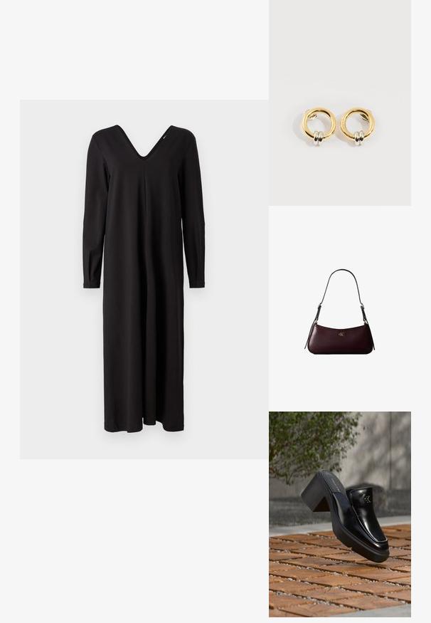 Sort langærmet kjole med V-udskæring, lavet af et blødt, strækbart stof, med en løs pasform og en lige søm.; Sort læder Calvin Klein slip-on mule med blokhæl, der hviler på trætøj udendørs nær en grøn plante og en grå væg.; Mørk bordeaux læderhåndtaske med en tynd sort skulderrem og lille gyldent "cK" logo foran i midten.; Guld cirkulære øreringe med to små sølv-ringe på hver, der viser subtile indgraverede mærkenavne detaljer, sat på en hvid baggrund.