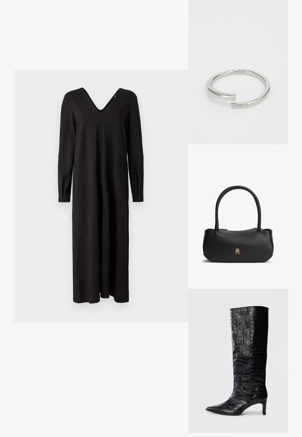 Robe noire à manches longues avec un décolleté en V, fabriquée dans un tissu doux et extensible, offrant une coupe ample et un ourlet droit.; Bottes noires montantes, avec une texture brillante à motif crocodile, bout pointu et talon effilé. Matériau synthétique lisse.; Sac à main en cuir noir avec doubles poignées arrondies, fermeture éclair dorée et petit logo entrelacé doré au centre avant.; Calvin Klein SPIRAL - Bracelet - silver-coloured
