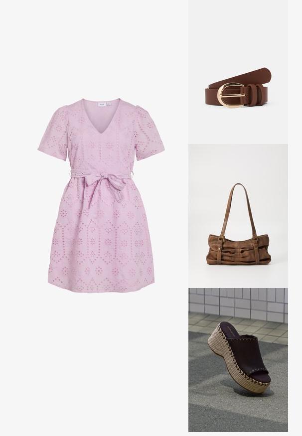 Korte roze jurk met een V-hals, korte pofmouwen en een strikceinture. Bevat geborduurde bloempatronen door de stof heen.; Zwarte instapsandaal met plateauzool van gevlochten touw en metalen studdetails op een betegelde vloer.; Even&Odd Handtas - brown; Bruine leren riem met een glanzende gouden gesp en twee leren lussen. Gladde textuur, plat ontwerp en afgeronde uiteinden.