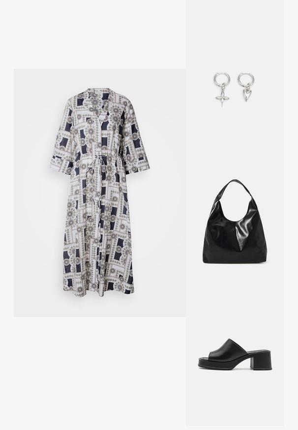 Vestido largo con cinturón, hecho de un tejido ligero, que presenta un patrón floral geométrico en tonos marinos, blanco y detalles dorados. Mangas de tres cuartos.; Mules de plataforma de cuero negro con punta abierta redondeada, tacón bajo y textura suave. Diseño minimalista con líneas elegantes.; Bolso hobo de cuero negro con una textura suave y brillante y un diseño de parte superior redondeada y abierta. Cuenta con una amplia correa curvada para llevar. Sin hardware visible.; Pendientes de aro de plata con un charm de cruz y corazón. Textura suave y brillante con un acabado pulido. Cada charm cuelga de un lazo seguro.