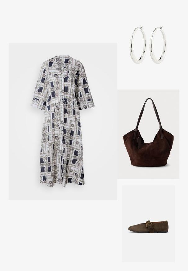 Vestido largo con cinturón, hecho de un tejido ligero, que presenta un patrón floral geométrico en tonos marinos, blanco y detalles dorados. Mangas de tres cuartos.; Zapato plano de ante marrón con tira ancha y hebilla dorada, puntera redondeada y suela baja negra, mostrado de perfil sobre fondo blanco.; Bolso de ante marrón con una forma suave y caída. Presenta asas de cuero y un acento de etiqueta. Textura lisa con costuras curvas.; Pendientes de aro de plata con un acabado suave y brillante. Forma circular, con un cierre seguro. Diseño sencillo y elegante.
