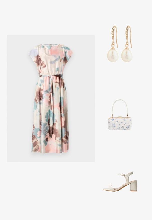 Maxi jurk met korte cap mouwen, bloemmotieven in roze, blauw en bruin op crème stof, met een elastieken tailleband en een bijpassende riem.; Witte dames open-toe sandaal met enkelriem, zilveren gesp en blokhak op witte achtergrond.; Witte rechthoekige clutch met blauw bloemenpatroon en een handvat van parelkralen met hardware in goudtint en een sluiting met klemsluiting.; Roze gouden oorbellen met een getextureerde haak, versierd met heldere kristallen en een witte, druppelvormige parel aan de onderzijde.
