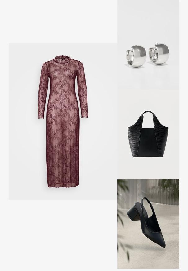 Lang burgunderfarvet blondekjole med lange ærmer, høj hals og blomster mønstre. Gennemsigtigt materiale med en tætsiddende silhuet.; Sort læder slingback hæl med spids tå og blokhæl. Glat tekstur, minimalistisk design og justerbar ankelrem.; Sort taske med glatte og vævede læderpaneler, korte håndtag og bred, rektangulær bund, vist mod en ensartet lys baggrund.; Uncommon Matters SCULPTURAL LARGE CREOLE - Øreringe - silver-coloured