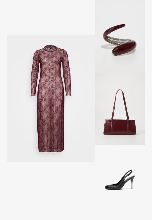 Lang burgunderfarvet blondekjole med lange ærmer, høj hals og blomster mønstre. Gennemsigtigt materiale med en tætsiddende silhuet.; Sort læder slingback pumper med spids tå, tynd stiletto hæl og justerbar rem. Glat tekstur og minimalistisk design.; Bordeaux håndtaske lavet af glansfuldt materiale, rektangulær form, med to skulderremme og subtile buede detaljer på forsiden.; Bordeaux, glinsende metalarmbånd med et buet, drejet design. Glat tekstur med reflekterende rustfrit stål-accenter indvendigt.