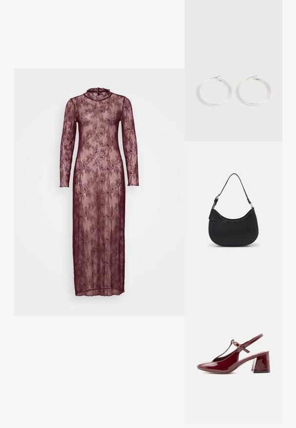 Lang burgunderfarvet blondekjole med lange ærmer, høj hals og blomster mønstre. Gennemsigtigt materiale med en tætsiddende silhuet.; Blank bourgogne slingback dame sko med blok hæl, spids snude og T-rem med en guldbøjle.; Sort hobo taske lavet af glat læder med en buet silhuet, der har en enkelt justerbar skulderrem og minimalistiske designdetaljer.; Par skinnende sølvøreringe med tynde trådlåse, vist på en lys grå baggrund.