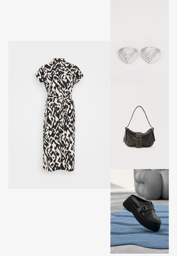 Vestido de botones negro y crema con estampado, de mangas cortas, cuello con solapa y cinturón de lazo en la cintura. Textura de tela suave.; Mule plataforma de piel negra con una gran hebilla, descansando sobre una alfombra azul texturizada y ondulada y un fondo gris desenfocado.; Bolso de hombro de cuero negro con detalle de correa con hebilla, bordes curvos y costuras blancas en contraste sobre un fondo liso.; Pendientes en tono plateado con un diseño ondulado y texturizado, con forma de media lunas superpuestas; el acabado pulido realza las cualidades reflectantes.