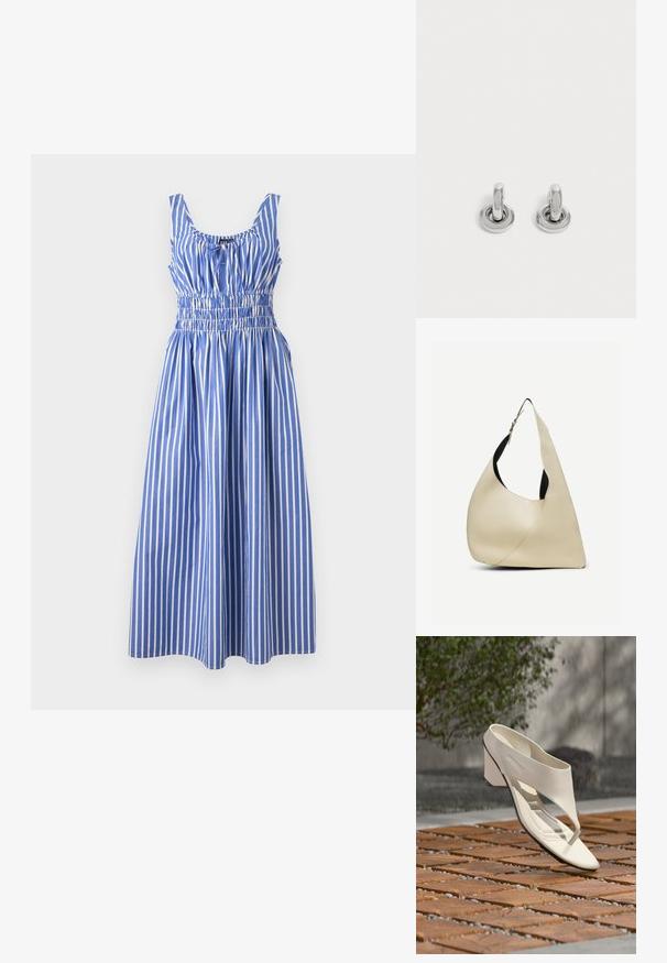 Blauw-wit gestreepte jurk met een gerimpelde taille, ronde halslijn en brede bandjes, gemaakt van een lichtgewicht stof. Gelaagde verticale strepen.; Witte leren sandalen met hak, brede band en teenstuk, buiten tentoongesteld op een houten en kiezel betegeld oppervlak met groen op de achtergrond.; Roomkleurige leren schoudertas met een glad oppervlak, een gebogen driehoekige vorm en een verstelbare band met zilveren gesp.; Een paar kleine, glanzende zilveren creolen met een ronde basis, afgebeeld op een effen lichte achtergrond.