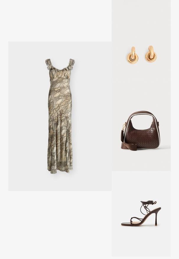 Robe longue sans manches avec bretelles à volants et motif peau de serpent marron et beige sur tissu lisse, présentée sur fond uni.; Simmi London MACIA - Sandales à talons hauts - chocolate; Sac à main en cuir tressé marron avec passepoil blanc, fermeture éclair dorée et bandoulière amovible en tissu marron.; Paire de boucles d'oreilles créoles dorées et brillantes avec des maillons circulaires épais sur un fond gris clair uni.