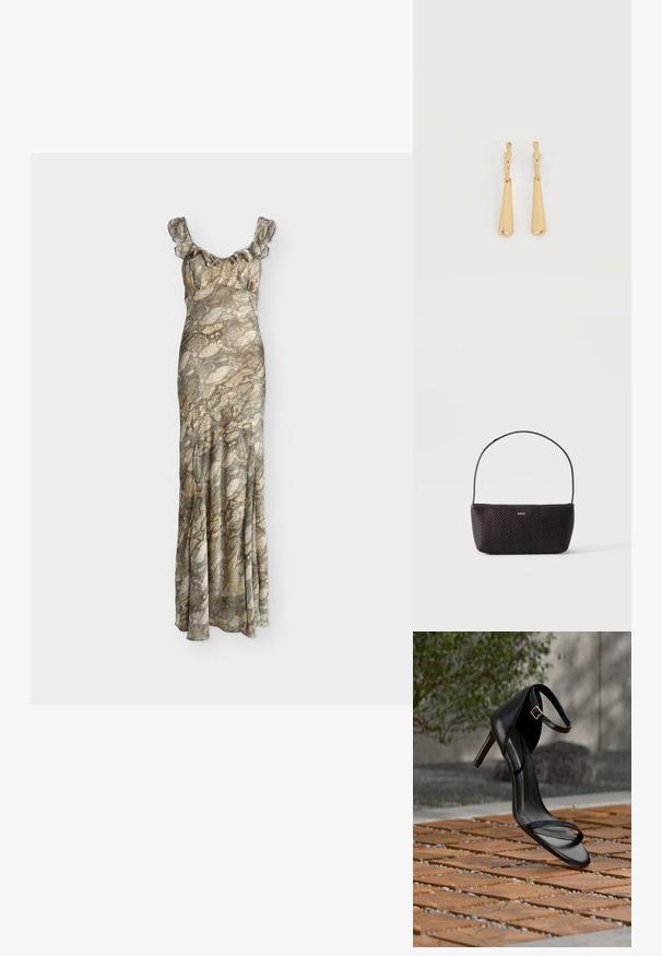 Robe longue sans manches avec bretelles à volants et motif peau de serpent marron et beige sur tissu lisse, présentée sur fond uni.; Sandale noire à talon haut avec sangle à la cheville, suspendue au-dessus d'un sol en carreaux de bois à l'extérieur, avec un arrière-plan flou de verdure et de pierre.; Sac à main noir tissé texturé avec une seule bandoulière et un petit logo doré "BOSS" au centre devant.; Boucles d'oreilles pendantes en ton or avec des pendentifs lisses en forme de goutte allongée suspendus à de petites attaches en forme d'anneau sur un fond blanc.