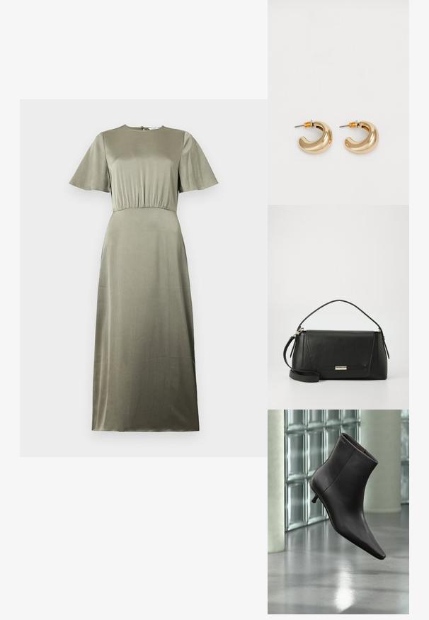 Vestido verde oliva con cuello redondo, mangas cortas y cintura fruncida. Presenta una tela suave, ligeramente texturizada.; Bota de cuero negro para el tobillo con puntera puntiaguda y tacón pequeño, exhibida frente a una pared de bloques de vidrio y un suelo pulido.; Bolso de mano de cuero negro con un diseño estructurado, una correa de hombro desmontable y un acento de cierre metálico. Presenta líneas limpias y una textura suave.; Dos pendientes de aro dorados brillantes en un diseño curvado, con acentos naranjas cerca del poste, sobre un fondo blanco liso.