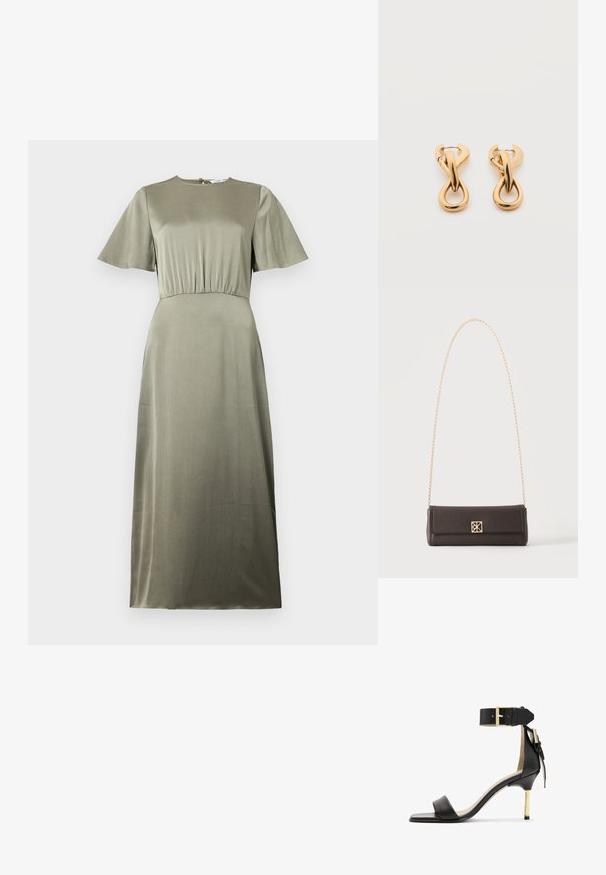 Vestido verde oliva con cuello redondo, mangas cortas y cintura fruncida. Presenta una tela suave, ligeramente texturizada.; Sándal de tacón de cuero negro con punta cuadrada, correa en el tobillo con hebilla dorada y un tacón metálico esbelto. Textura suave, diseño minimalista.; Bolso rectangular de cuero marrón oscuro con asa de cadena dorada y un pequeño broche dorado cuadrado en el centro delantero.; Par de pendientes de aro con acabado dorado brillante sobre fondo blanco liso, con diseño entrelazado y torsionado.