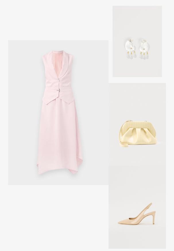 Lichtroze mouwloze jurk met een sjawl kraag, asymmetrische zoom en twee Decoratieve zilveren sluitingen op de taille. Glad, textuurstof.; Nude gepatineerd leren slingbackhak met een spitse neus, open vamp en een dunne stilettohak. Bevat een ronde gouden accent op de band.; Crème-kleurige leren clutch met een gestructureerd bovenframe en polsbandje, weergegeven tegen een effen lichte achtergrond.; Duidelijke hars oorbellen in schelpvorm met kleine gouden accenten en drie hangende doorschijnende druppelvormige bedels aan elk oorbel.