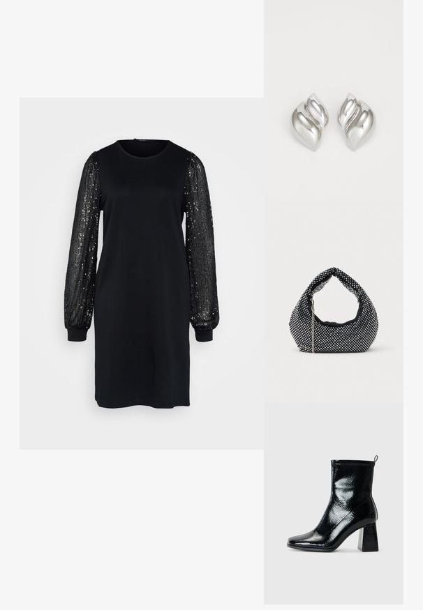 Zwarte jurk met een eenvoudig lijfje en lange, opgeblazen mouwen versierd met zwarte pailletten, wat een textuurcontrast in het ontwerp creëert.; Zwarte, gepatineerde enkellaars met een vierkante neus en een chunky geometrische hak. De laars heeft een gladde, glanzende textuur en een achterste trekband voor eenvoudig aan- en uittrekken.; Zwarte mesh handtas versierd met zilveren studs, met een gebogen handvat en een kettingschouderriem. Zachte textuur met een ronde vorm.; Zilveren oorbellen met een organische, abstracte vorm. Gladde, glanzende oppervlakte met een taps toelopend ontwerp. Beschikken over subtiele rondingen en een centrale lijn detail.