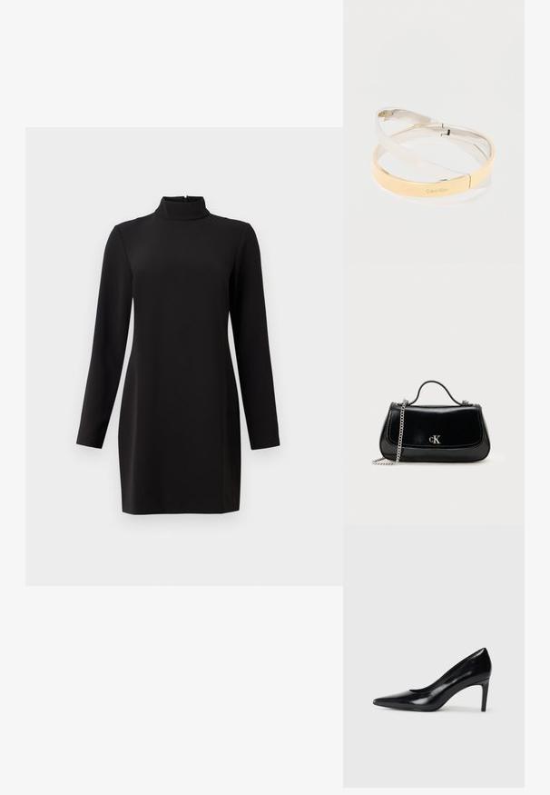 Sort langærmet kjole med høj krave, lavet af glat stof. Har en lige pasform og en lynlås i ryggen. Minimalistisk design uden mønstre.; Sort læder højhælede sko med spids tå, glat tekstur og en taperet hæl. Minimalistisk design uden yderligere udsmykninger.; Sort læderhåndtaske med en kædestrop, struktureret form og et sølvlogo. Glat overflade med flaplukning.; Sammenflettede polerede metalarmbånd i sølv- og guldfarver, et med indgraveringen "Calvin Klein" logo, på en hvid baggrund.