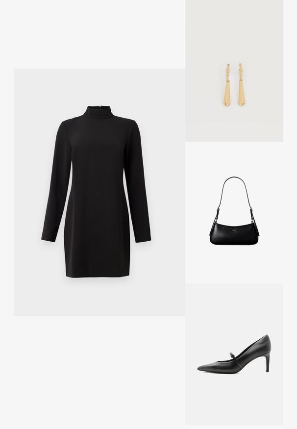 Robe noire à manches longues avec col montant, confectionnée dans un tissu lisse. Présente une coupe droite et une fermeture éclair dans le dos. Design minimaliste, sans motifs.; Escarpin noir en cuir à bout pointu avec une fine bride et une boucle sur le cou-de-pied, posé sur un fond clair neutre.; Mini sac à bandoulière en cuir noir avec une fine bandoulière et un petit logo CK doré au centre avant.; Boucles d'oreilles pendantes en ton or avec des pendentifs lisses en forme de goutte allongée suspendus à de petites attaches en forme d'anneau sur un fond blanc.