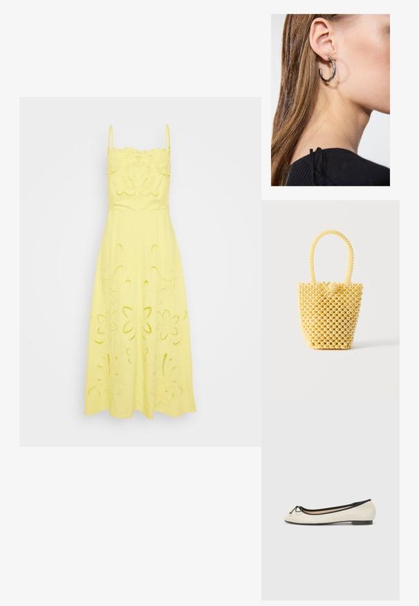 Geel katoenen jurk met spaghettibandjes; heeft geborduurde bloemenpatronen en uitsnijdingen door de rok en het lijfje.; Balletschoen in een beige textiel met een zwarte rand. Heeft een ronde neus en een kleine strikaccent aan de voorkant. Laag profiel zool.; Kleine handtas in emmerstijl gemaakt van glanzende crèmekleurige kralen met een lusvormige kralenhendel en decoratieve kralenknoopsluiting.; Zilveren oorbel met een gepolijste afwerking, met kleine gouden accentdetails en een ronde vorm, gedragen op de oorlel.