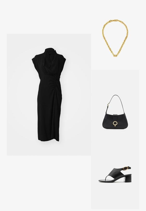 Vestido negro con un cuello alto, mangas cortas y detalles fruncidos en la cintura, con una tela suave y texturizada y corte hasta la rodilla.; Sandalia de mujer con tira trasera de cuero negro, puntera abierta, hebilla ovalada dorada y tacón ancho sobre fondo blanco.; Bolso de cuero negro con una silueta curvada, correa corta, herrajes en tono dorado central y textura suave. Sin patrones ni acentos visibles.; Collar de cadena tono dorado con eslabones pulidos redondeados y rectangulares y un pequeño detalle de cierre grabado "MK".