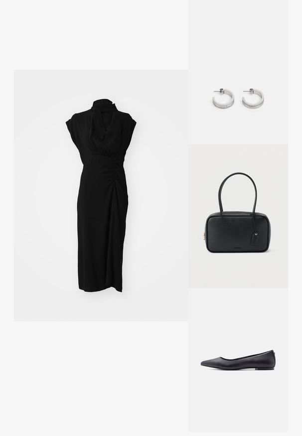 Schwarzes Kleid mit hohem Kragen, kurzen Ärmeln und gerafftem Detail an der Taille, aus einem glatten, strukturierten Stoff und knielang.; Schwarzer flacher Lederschuh mit spitzer Kappe und niedrigem Absatz, seitlich vor weißem Hintergrund gezeigt.; Schwarze rechteckige Handtasche mit doppelten, abgerundeten Griffen, goldfarbenem Reißverschluss und geprägtem „HUGO“-Logo auf der Vorderseite sowie angebrachtem Lederanhänger.; Silberne Creolen mit einer glatten Oberfläche und einer Reihe kleiner klarer Steine entlang der unteren Kante, mit einer Steckverschluss.