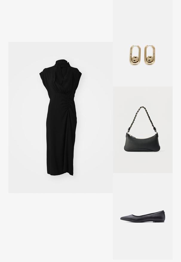 Vestido negro con un cuello alto, mangas cortas y detalles fruncidos en la cintura, con una tela suave y texturizada y corte hasta la rodilla.; Zapato plano de cuero negro con punta puntiaguda y tacón bajo, mostrado de perfil contra un fondo blanco.; Bolso de hombro de cuero negro con forma rectangular curvada, cadena dorada entrelazada en una correa negra trenzada y cierre superior con cremallera.; BOSS DOUBLE B SWING - Pendientes - gold-coloured