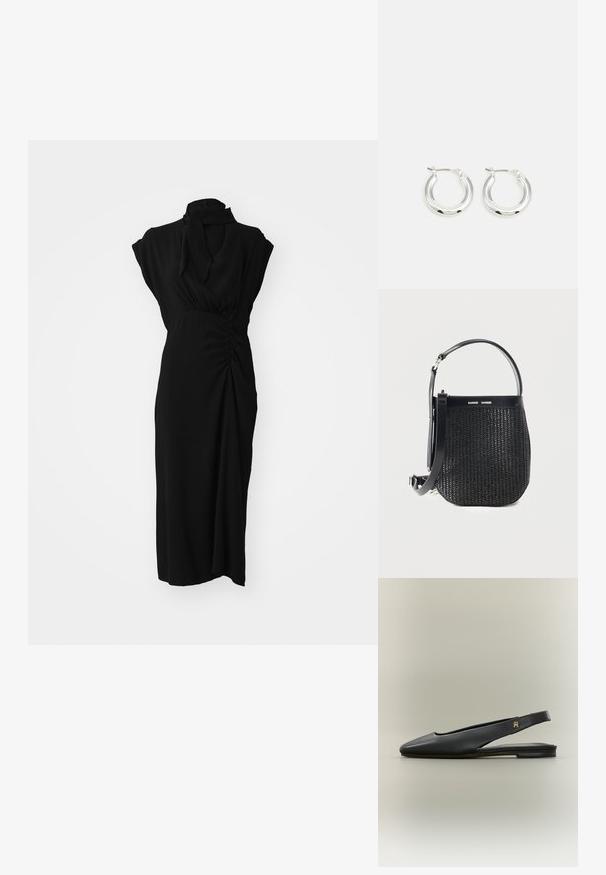 Schwarzes Kleid mit hohem Kragen, kurzen Ärmeln und gerafftem Detail an der Taille, aus einem glatten, strukturierten Stoff und knielang.; Schwarzer Leder Slingback-Flachschuh mit spitzer Spitze und goldfarbenem Logo-Akzent am Riemen, dargestellt auf neutralem Hintergrund.; Schwarze gewebte Handtasche mit abgerundetem Boden, Lederbesatz, verstellbarem Schulterriemen und Samsøe Samsøe Markenlogo am oberen Band.; Silberne Creolen mit glänzender Oberfläche, die eine kreisrunde Form haben und mit einem schwenkbaren Verschluss ausgestattet sind. Glatte Textur mit minimalen Details.