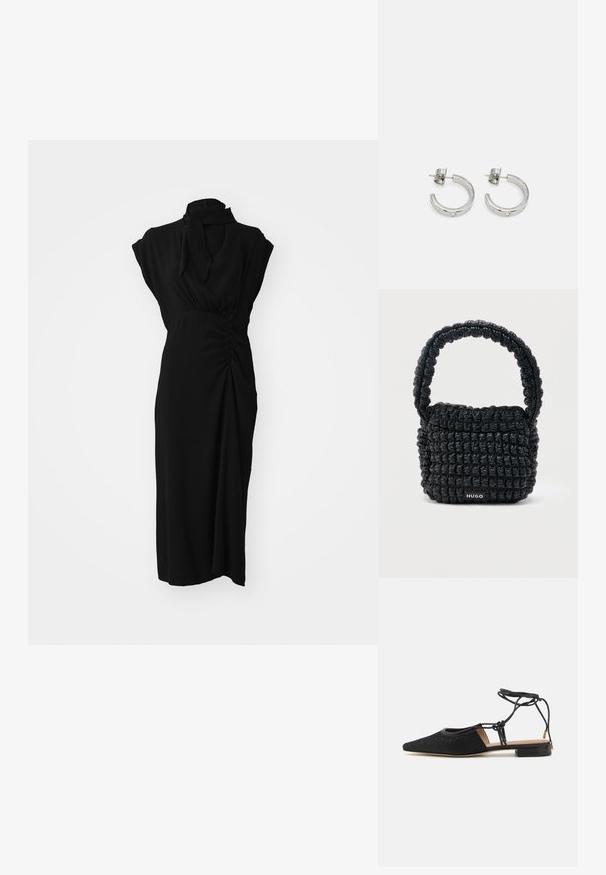 Vestido negro con un cuello alto, mangas cortas y detalles fruncidos en la cintura, con una tela suave y texturizada y corte hasta la rodilla.; Zapato plano negro con punta afilada, parte superior texturizada, lazos en los tobillos y un tacón bajo cuadrado. Presenta un patrón sutil en el material.; Bolso pequeño negro acolchado con asa corta acolchada y etiqueta "HUGO" en el frente, exhibido sobre un fondo claro y liso.; kate spade new york HUGGIES - Pendientes - clear/silver-coloured