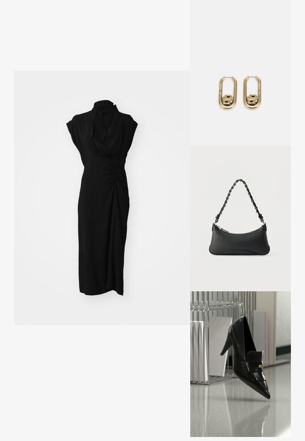Vestido negro con un cuello alto, mangas cortas y detalles fruncidos en la cintura, con una tela suave y texturizada y corte hasta la rodilla.; Zapato de tacón alto de cuero negro con punta afilada y flecos decorativos flotando sobre un suelo brillante cerca de una estantería metálica con documentos.; Bolso de hombro de cuero negro con forma rectangular curvada, cadena dorada entrelazada en una correa negra trenzada y cierre superior con cremallera.; BOSS DOUBLE B SWING - Pendientes - gold-coloured