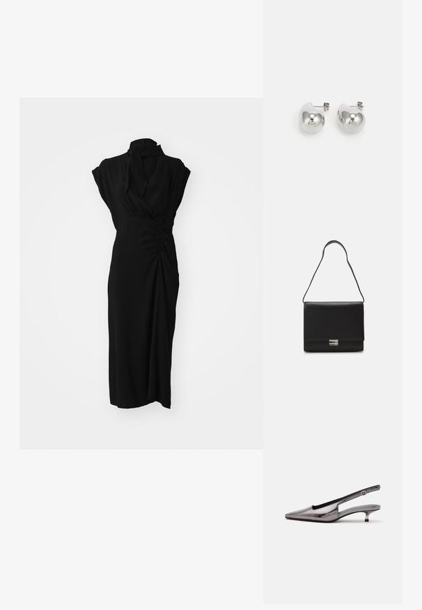 Zwarte jurk met een hoge halslijn, korte mouwen en geplooide details bij de taille, voorzien van een gladde, gestructureerde stof en een lengte tot de knie.; Metallic grijze slingback-schoen met spitse neus, lage kittenhak en verstelbare band op een witte achtergrond.; Calvin Klein ARCHIVE SHOULDER BAG SHINY - Handtas - black; Zilveren druppeloorbellen met afgeronde, reflecterende oppervlakken; minimalistisch ontwerp met een gladde textuur en subtiele merkdetails.