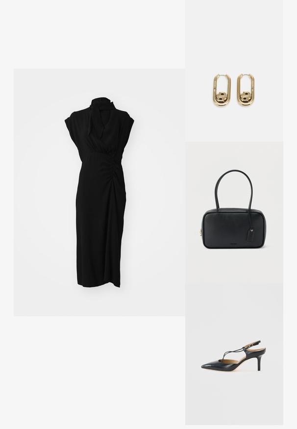 Schwarzes Kleid mit hohem Kragen, kurzen Ärmeln und gerafftem Detail an der Taille, aus einem glatten, strukturierten Stoff und knielang.; Schwarzer Leder-Slingback-Pumps mit spitzer Schuhspitze und dünnem T-Riemen, vor schlichtem hellem Hintergrund.; Schwarze rechteckige Handtasche mit doppelten, abgerundeten Griffen, goldfarbenem Reißverschluss und geprägtem „HUGO“-Logo auf der Vorderseite sowie angebrachtem Lederanhänger.; BOSS DOUBLE B SWING - Ohrringe - gold-coloured
