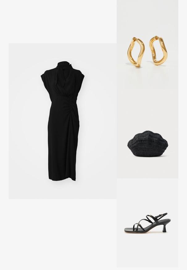 Vestido negro con un cuello alto, mangas cortas y detalles fruncidos en la cintura, con una tela suave y texturizada y corte hasta la rodilla.; Sandalias de charol negro con tiras, punta cuadrada y un bajo tacón en bloque. Presenta herrajes en tono dorado y correas en el tobillo ajustables.; Bolso de mimbre negro con forma de concha de vieira con parte superior curva y textura tejida sobre un fondo liso.; Pendientes de aro color oro con una forma curva e irregular y una textura suave y pulida. Sin hardware o acentos visibles.