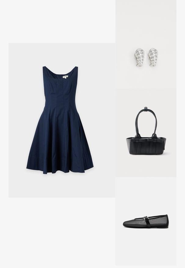 Ärmelloses marineblaues Kleid mit quadratischem Ausschnitt, figurbetontem Oberteil und ausgestelltem Rock, vor einem schlichten hellen Hintergrund präsentiert.; Schwarzer Netz-Ballerinaschuh mit rundem Zehenbereich und verstellbarem Mary-Jane-Riemen mit silberner Schnalle, auf schlichtem hellgrauem Hintergrund.; Schwarze Lederhandtasche mit zwei Griffen, dekorativen Riemen und rechteckigem Boden vor hellem, einfarbigem Hintergrund.; Silberne Clip-On-Ohringe mit spiralförmigem Design, das eine glatte metallische Textur und abgerundete Formen aufweist. Keine sichtbaren Verzierungen oder Muster.
